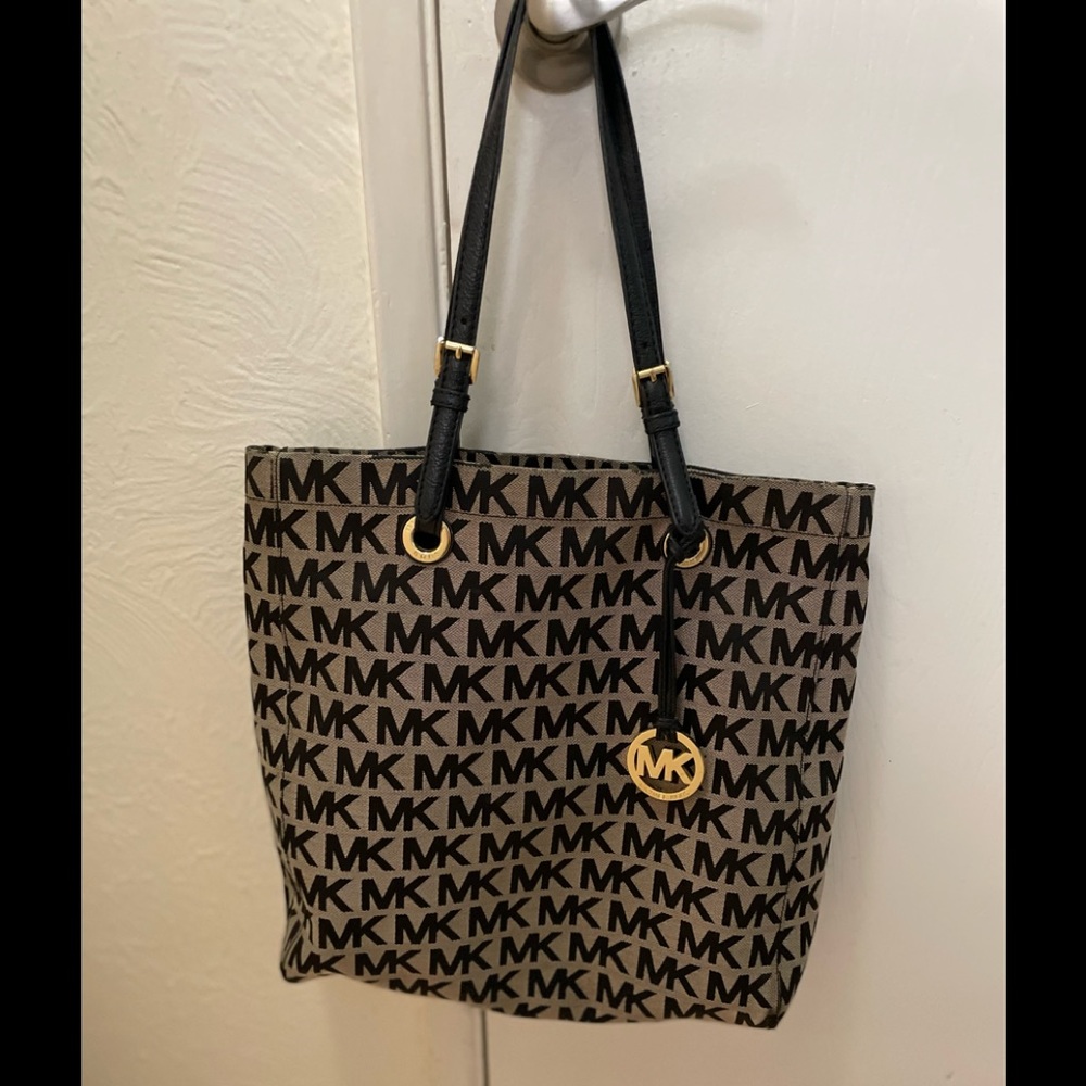 Michael Kors | Black/Beige Signature Canvas, North South Tote with  Logo Charm